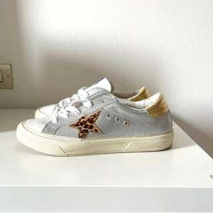 Golden Goose Silver Leather Sneakers with Leopard Star Accent